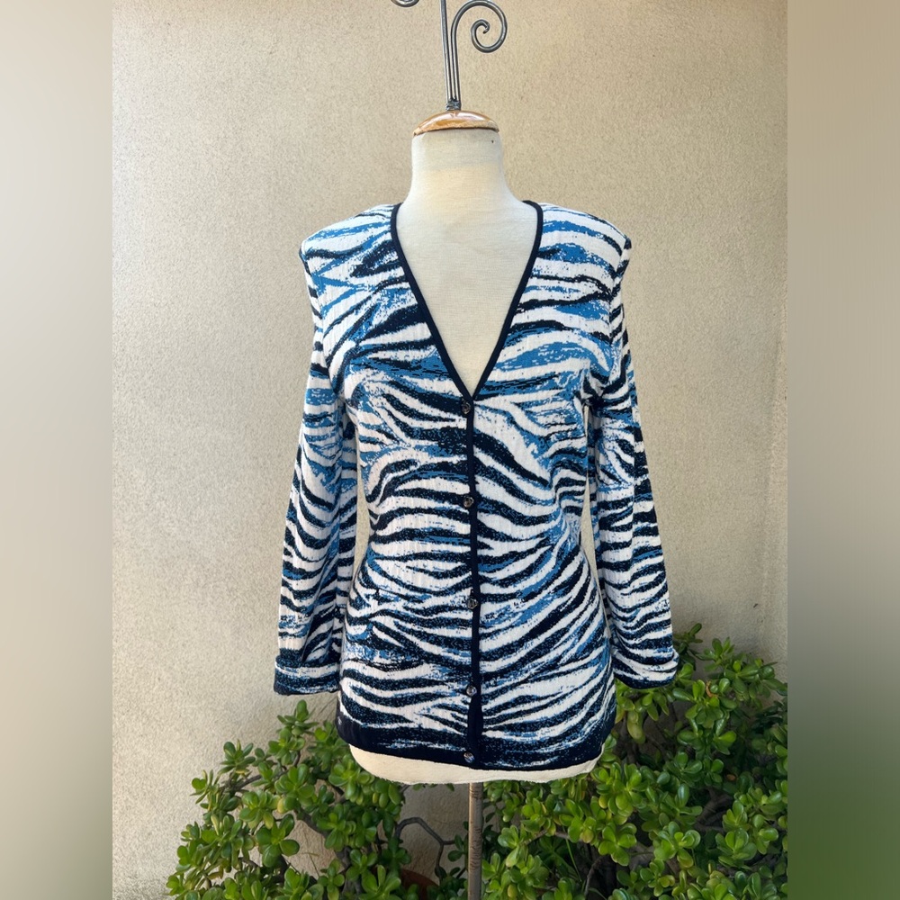 Cardigan sweater blues animal stripes Sz 44 Emanuel Ungaro Paris